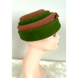 Vtg 1960s Originals by Mr. M Wool Cloche Hat Two Tone Green Brown Tiers Sz 22.5